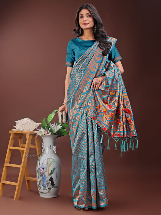 Astita Fiery Sea Green Banarasi Silk Saree with Gold Zari and Colorful Pallu - Perfect for Bridal,Wedding & Festive Glamour | Swadesiicart