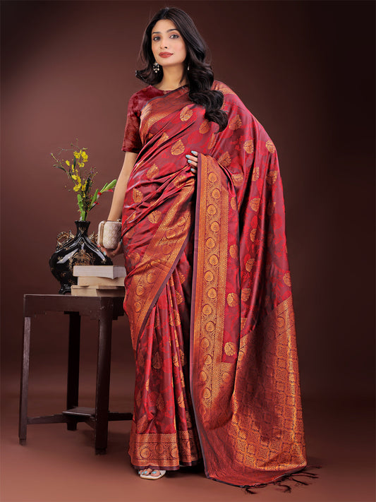 Astita Majestic Maroon Banarasi Silk Saree with Golden Zari - Timeless Indian Ethnic Elegance for Weddings & Festive Occasions | Swadesiicart