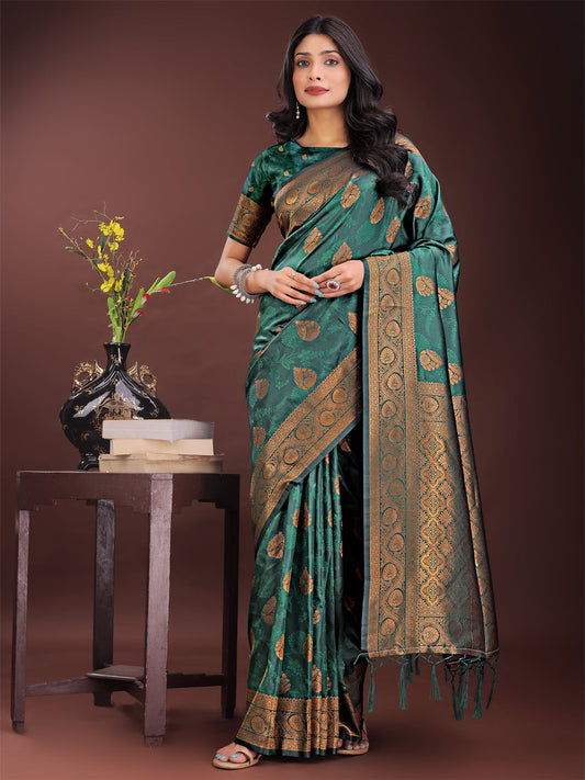 Astita Majestic Dark Green Banarasi Silk Saree with Golden Zari - Timeless Indian Ethnic Elegance for Weddings & Festive Occasions | Swadesiicart