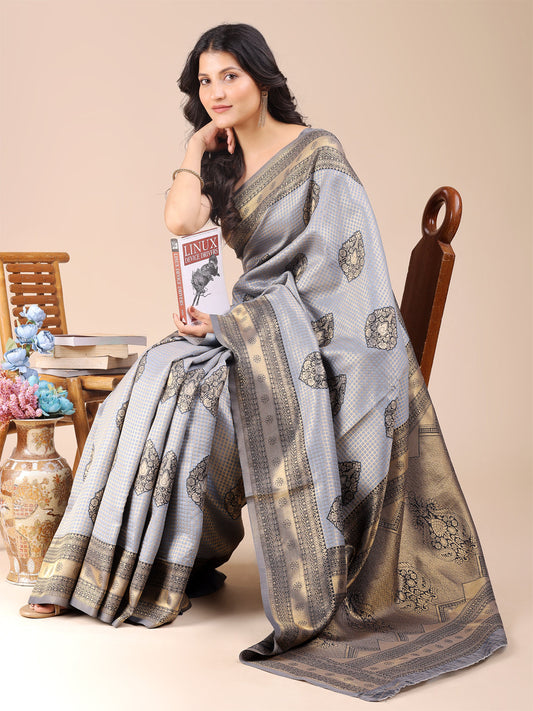 Astita Grey Banarasi silk Woven Zari Work Traditional Tassel Saree | Swadesiicart
