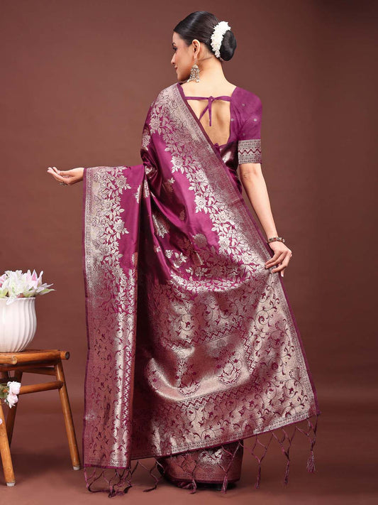 Astita Emerald Purple Banarasi Silk Saree with Zari Floral Work - Elegance Woven in Every Thread | Swadesiicart