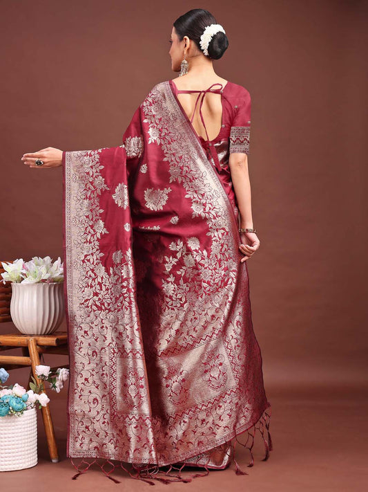 Astita Emerald Maroon Banarasi Silk Saree with Zari Floral Work - Elegance Woven in Every Thread | Swadesiicart