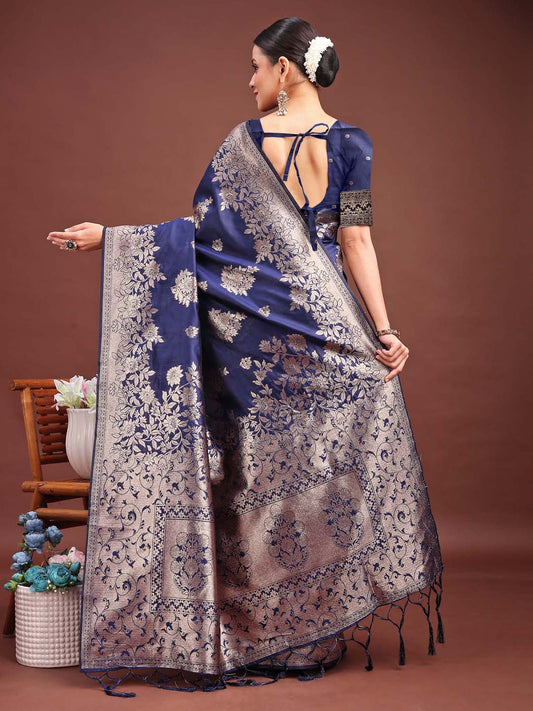 Astita Emerald Navy Blue Banarasi Silk Saree with Zari Floral Work - Elegance Woven in Every Thread | Swadesiicart