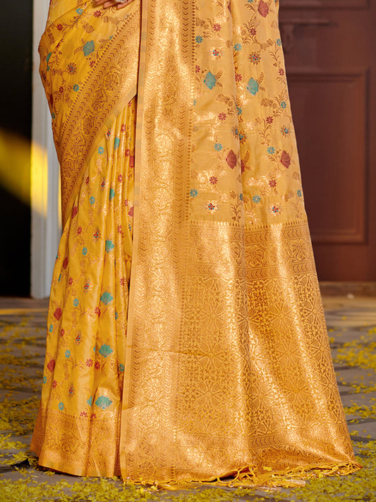 Astita Graceful Yellow Banarasi Silk Saree with Golden Zari Woven Border & Floral Jaal - Wedding & Festive Wear | Swadesiicart