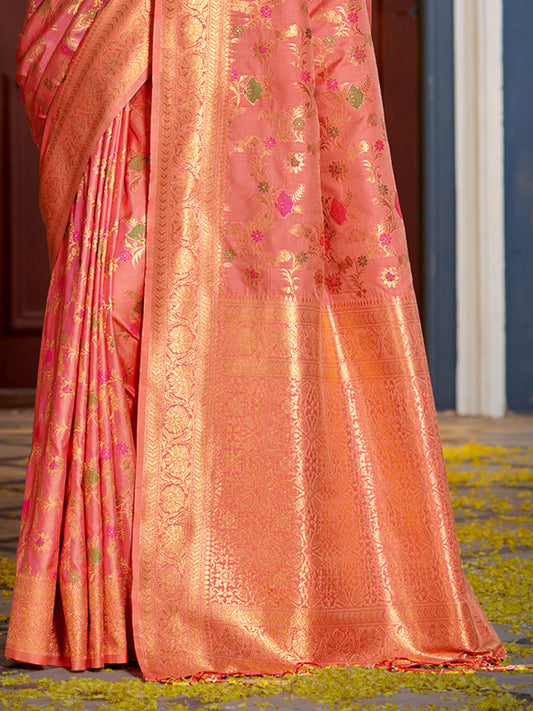 Astita Graceful Peach Banarasi Silk Saree with Golden Zari Woven Border & Floral Jaal - Wedding & Festive Wear | Swadesiicart