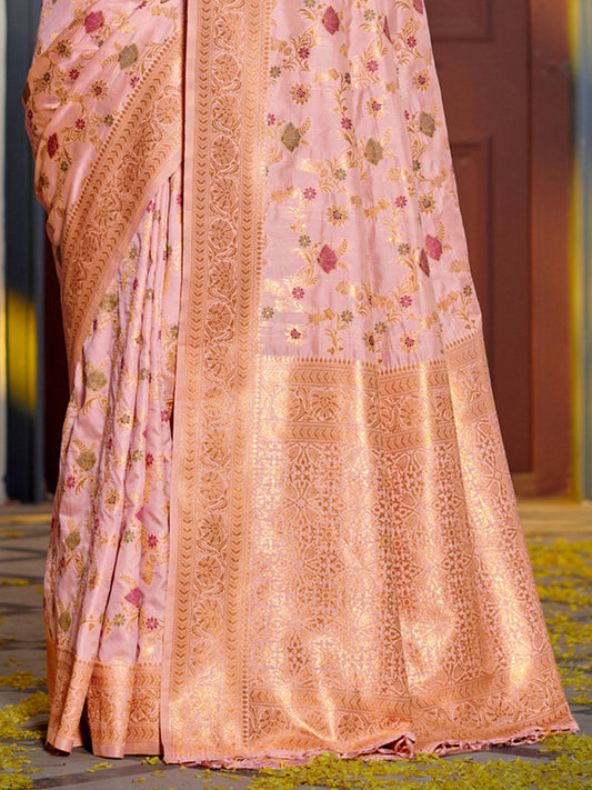Astita Graceful Pink Banarasi Silk Saree with Golden Zari Woven Border & Floral Jaal - Wedding & Festive Wear | Swadesiicart