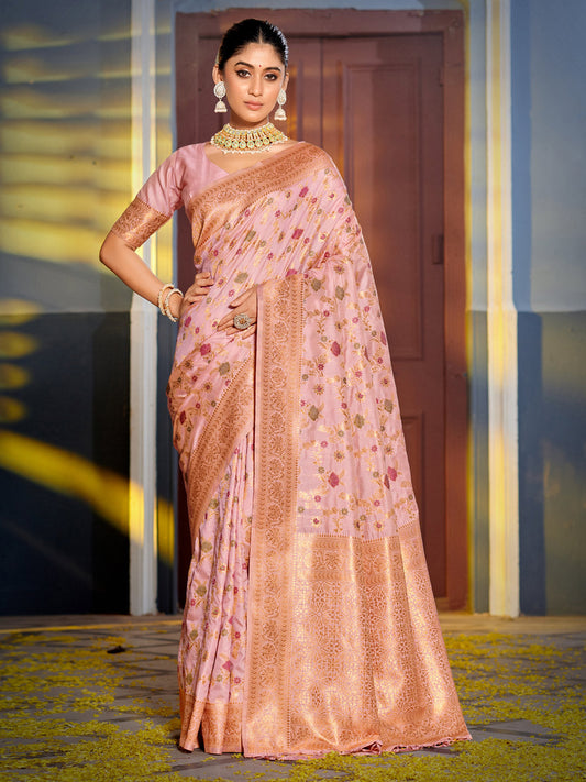 Astita Graceful Pink Banarasi Silk Saree with Golden Zari Woven Border & Floral Jaal - Wedding & Festive Wear | Swadesiicart