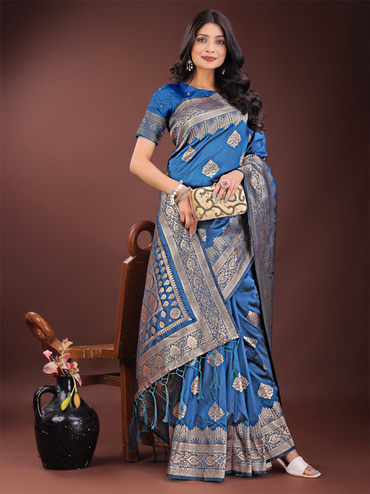 Astita Graceful Royal Blue Banarasi Silk Saree with Silver Zari - Perfect Ethnic Wear for Weddings & Festive Moments | Swadesiicart