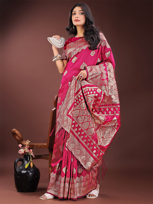 Astita Graceful Magenta Banarasi Silk Saree with Silver Zari - Perfect Ethnic Wear for Weddings & Festive Moments | Swadesiicart