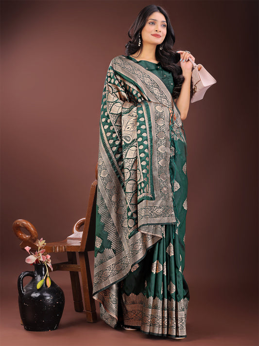 Astita Graceful Green Banarasi Silk Saree with Silver Zari - Perfect Ethnic Wear for Weddings & Festive Moments | Swadesiicart