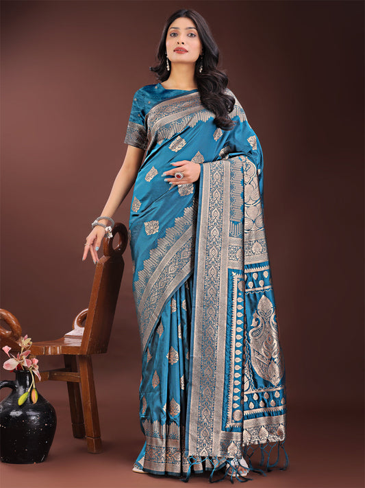 Astita Graceful Teal Banarasi Silk Saree with Silver Zari - Perfect Ethnic Wear for Weddings & Festive Moments | Swadesiicart