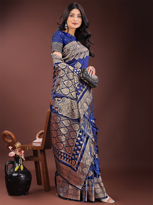 Astita Graceful Navy Blue Banarasi Silk Saree with Silver Zari - Perfect Ethnic Wear for Weddings & Festive Moments | Swadesiicart