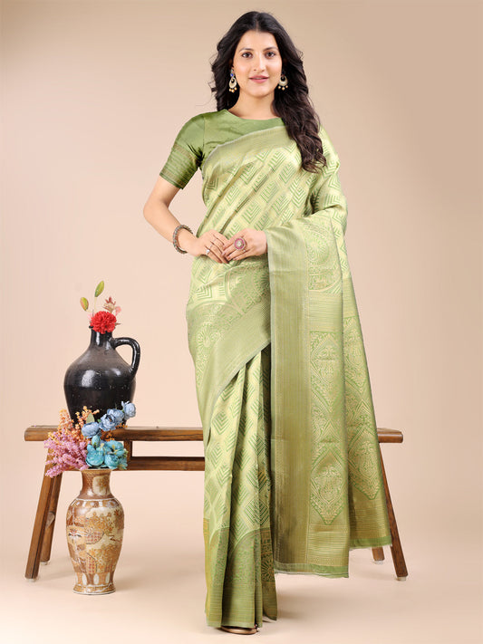 Astita Light Green Banarasi silk Woven Zari Work Traditional Tassel Saree | Swadesiicart