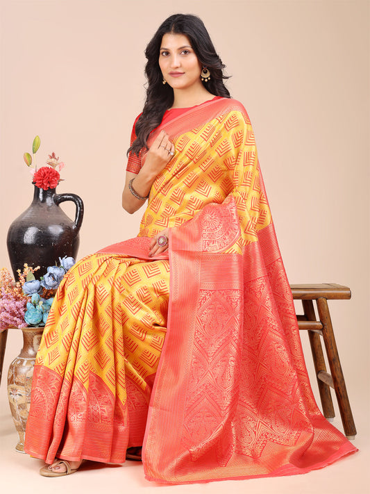 Astita Yellow & Red Banarasi silk Woven Zari Work Traditional Tassel Saree | Swadesiicart