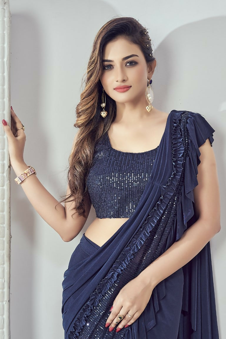 Mahotsav Women's Navy Blue Lycra Embellished Ready To Wear Saree With Stitched Blouse | Swadesiicart