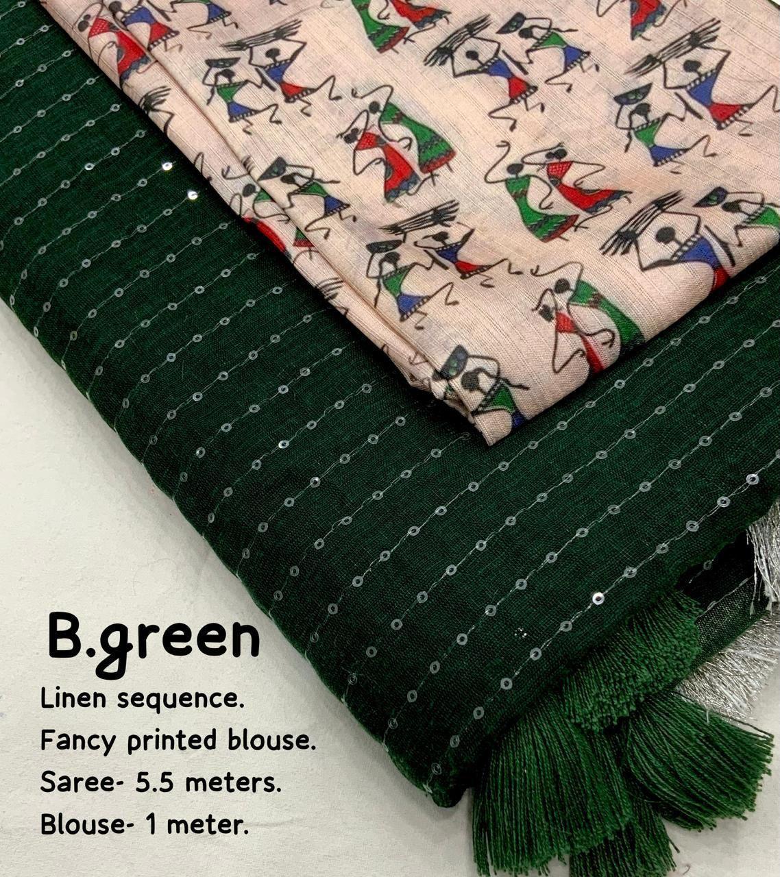 Green Linen Sequence Saree with Unstitched Blouse - Hiral Fashion | Swadesiicart