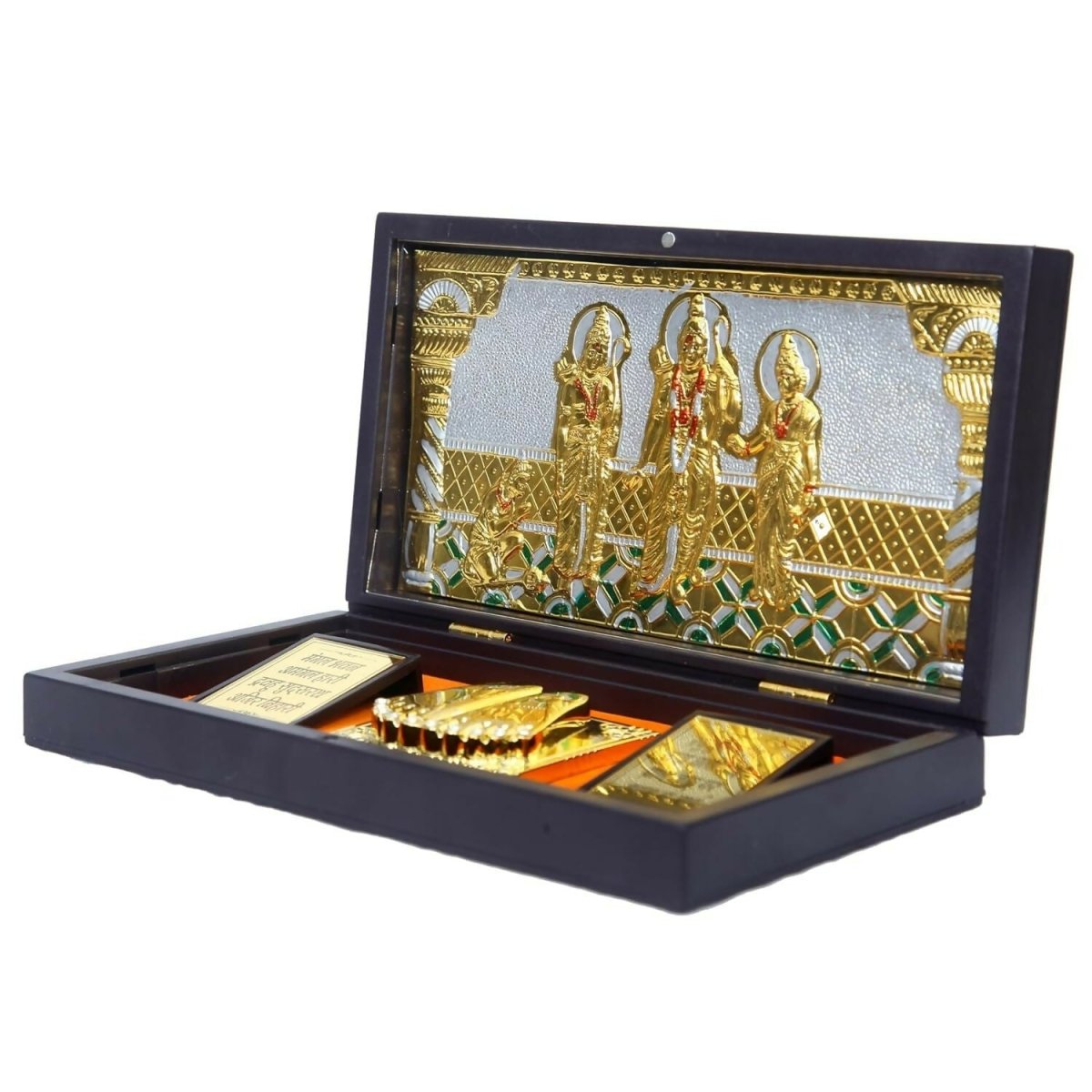 Anciently Ram Darbar Pocket Temple Box With Charan Paduka Rectangle Shaped, Gold-Polished - Swadesiicart