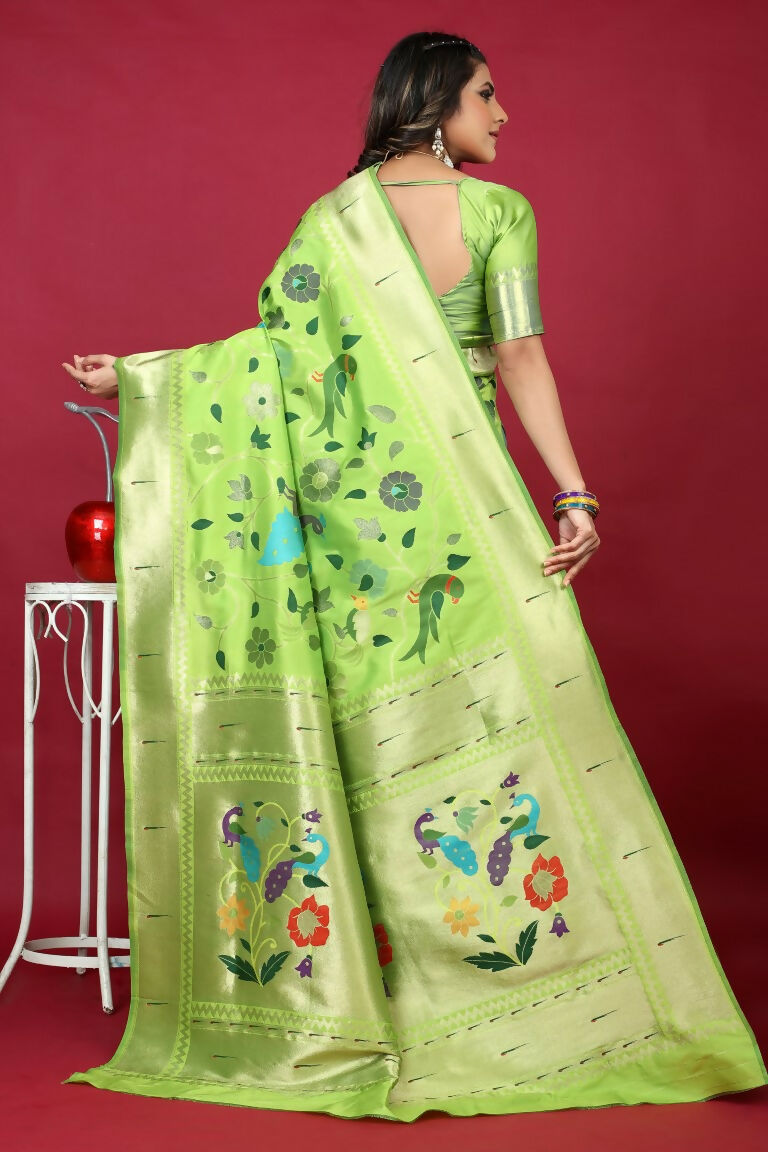 Jyoti Fashion Women's Parrot Green Paithani Silk Zari Woven Saree with Blouse | Swadesiicart