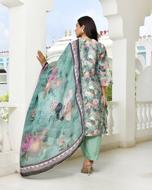 Vaasva Women's Green Tissue Gota Embroidered Suit Set With Solid Pant And Embroidered Dupatta | Swadesiicart