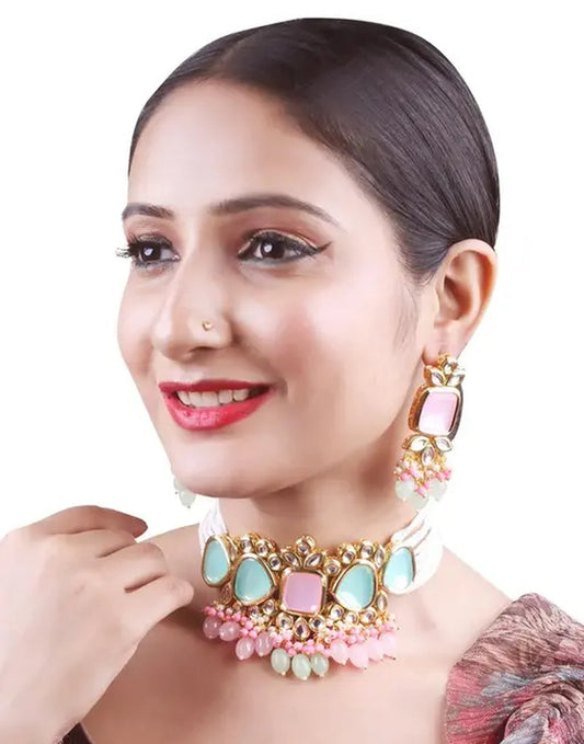 Jewel City Elegant Multi Gold Indian Kundan Choker Necklace and Earring Set | Swadesiicart