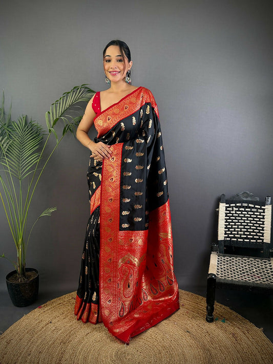 Joban Fashion Banarasi Black Woven Butti Soft Silk Saree | Swadesiicart