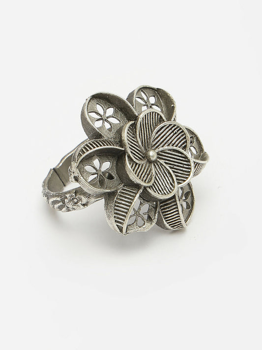 NVR Women's Silver-Toned Floral Shape Adjustable Finger Ring | Swadesiicart