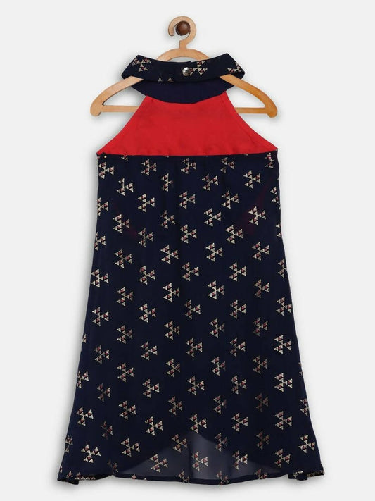 Ahalyaa Navy Printed Chanderi Silk Kids Kurta With Pant For Girls | Swadesiicart