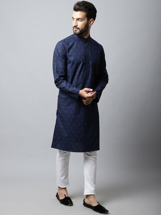Even Apparels Navy blue Color Pure Cotton Men's Kurta With Band Collar (PRT1184-NVC) | Swadesiicart
