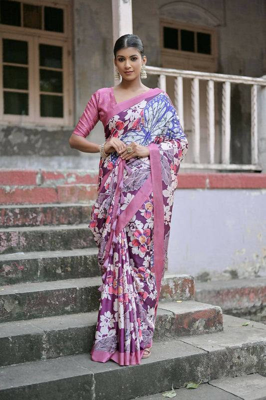 Vishnu Weaves Women's Wine Cotton Silk Printed Saree with Blouse - Swadesiicart