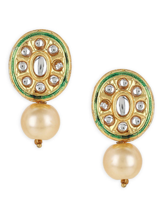 Gold-Toned White Kundan Oval-Shape Gold-Polished Studs Earrings - Ruby Raang | Swadesiicart