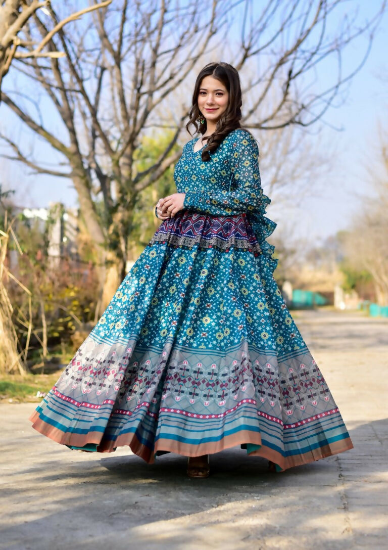 Jyoti Fashion Women's Blue Heavy Digital Printed Cotton Silk Anarkali Dress | Swadesiicart