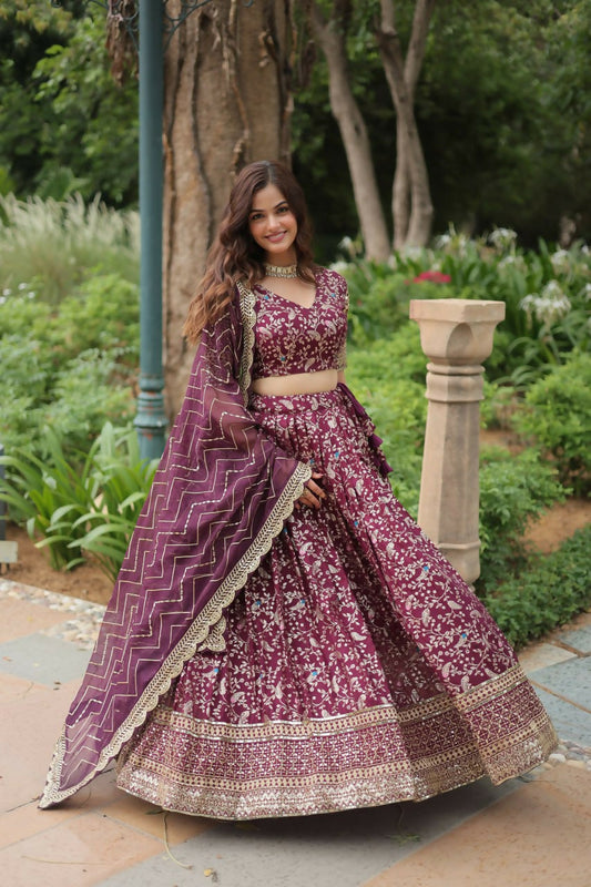 Lorenvalley Wine Pure Viscose Jacquard with Golden Embroidered Sequins work Lehenga Choli