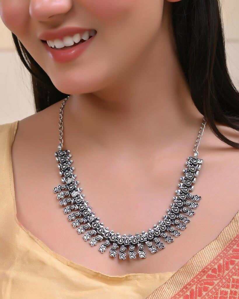 VOJ Silver-Toned Silver-Plated Oxidized Necklace | Swadesiicart