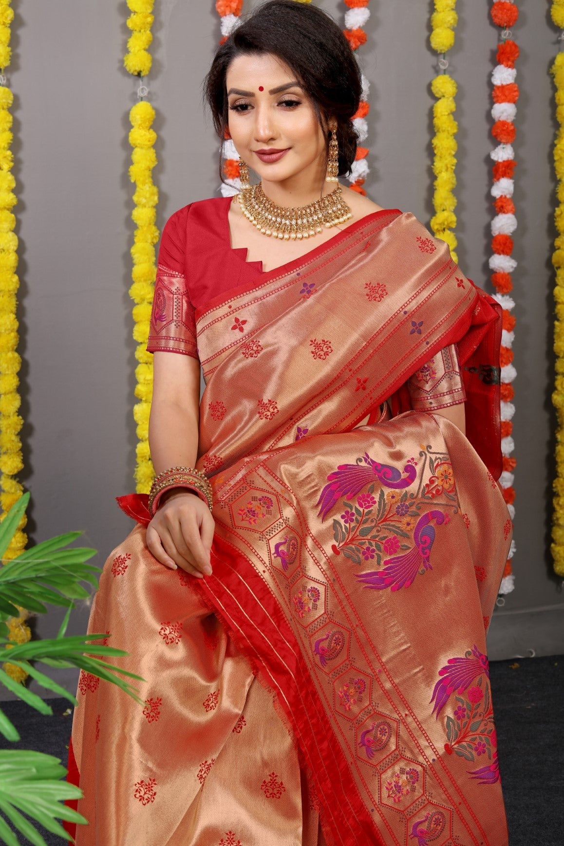 Anaita Red Woven Design Pure Silk Banarasi Saree With Blouse