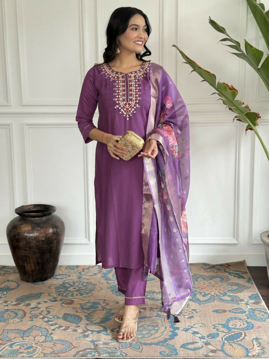 Purple Viscose chanderi Stitched Suit With Dupatta - Tanisha | Swadesiicart