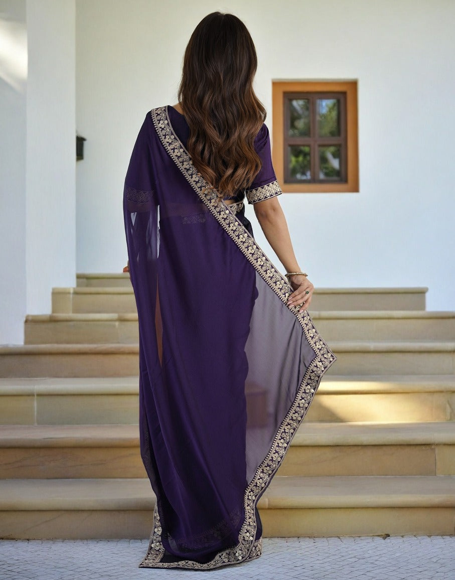 Lorenvalley Fashion Purple Rangoli Silk with Coding Sequence and Multi Lace Work Saree with Blouse - Swadesiicart