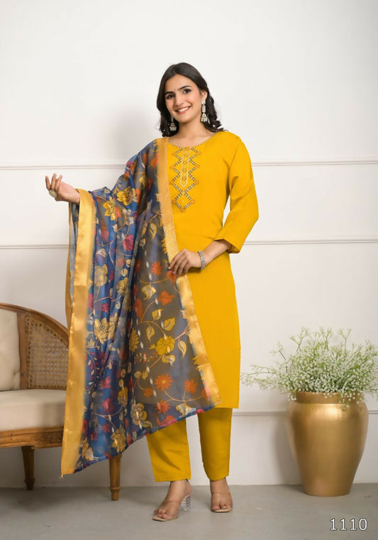 Festive Wear Ethnic YellowViscose Chanderi Stitched Suit With Dupatta - Tanisha | Swadesiicart