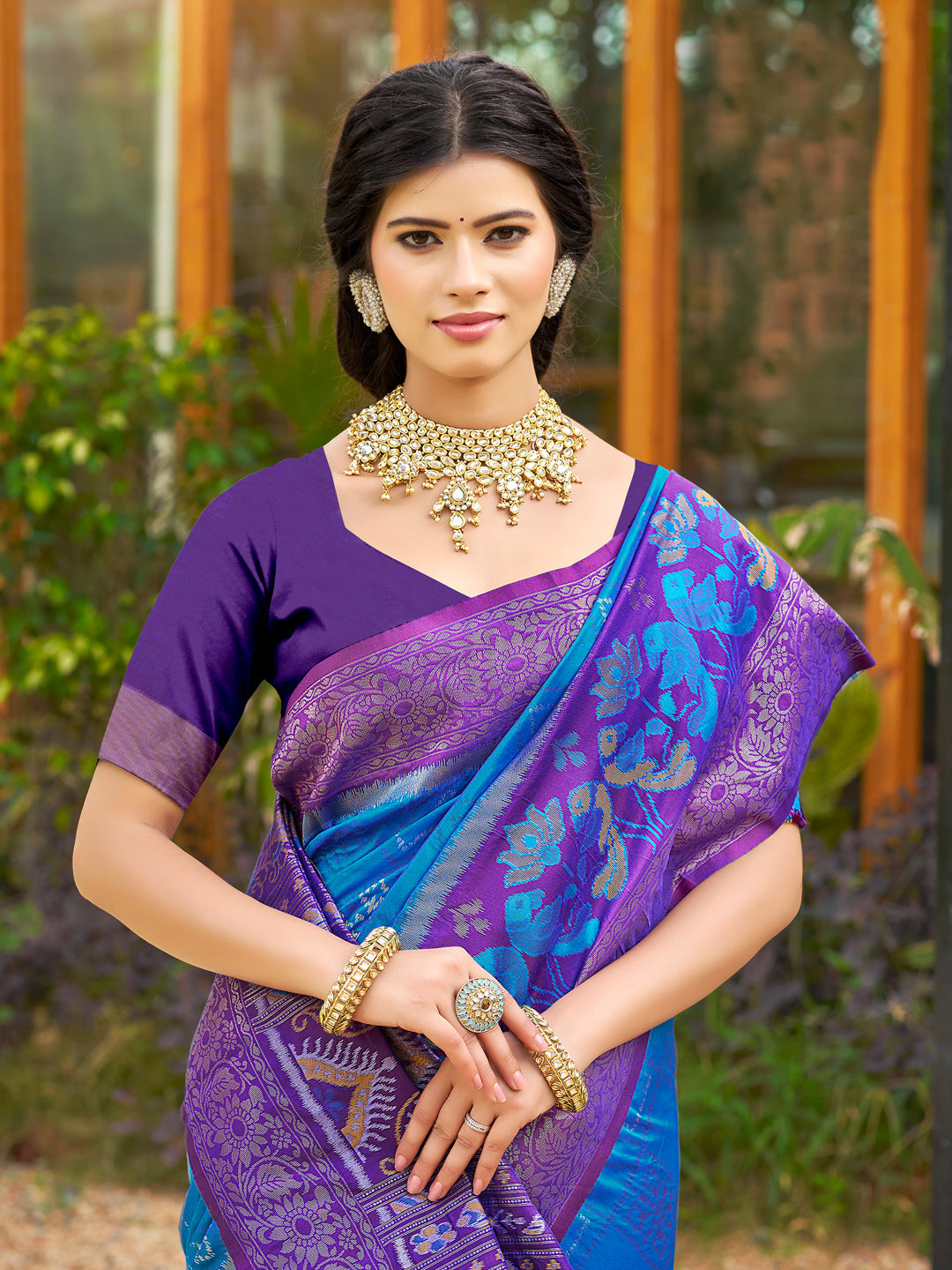 Anaita Aqua Blue Soft Silk Saree With Floral Printed Work With Blouse