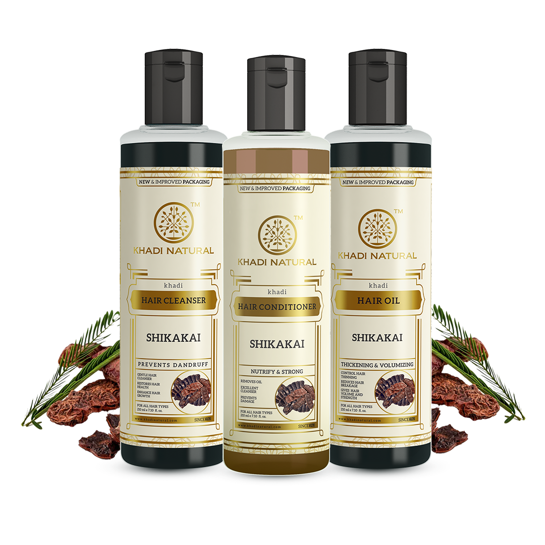 Khadi Natural Soft & Silky Strands Pack – Shikakai Hair Cleanser, Hair Conditioner & Hair Oil Combo Pack of 3 – 210ml Each
