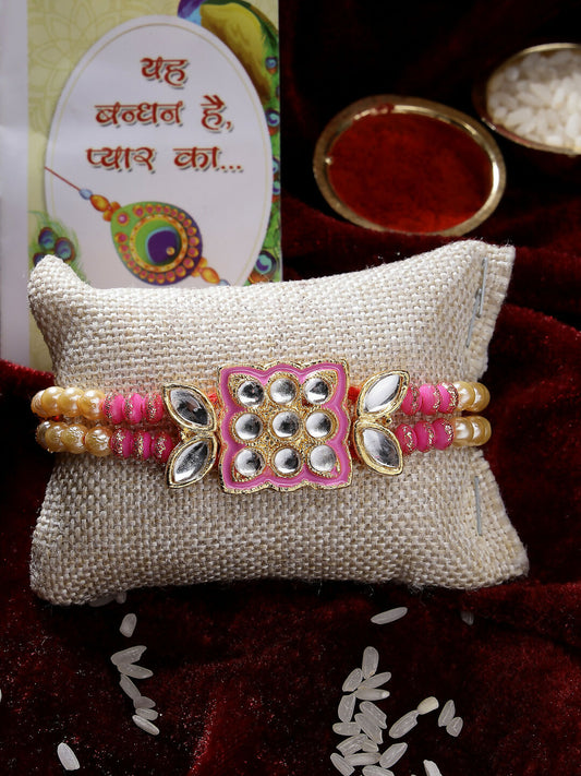NVR Men Pink & Gold-Toned Kundan-Studded Rakhi With Roli Chawal | Swadesiicart