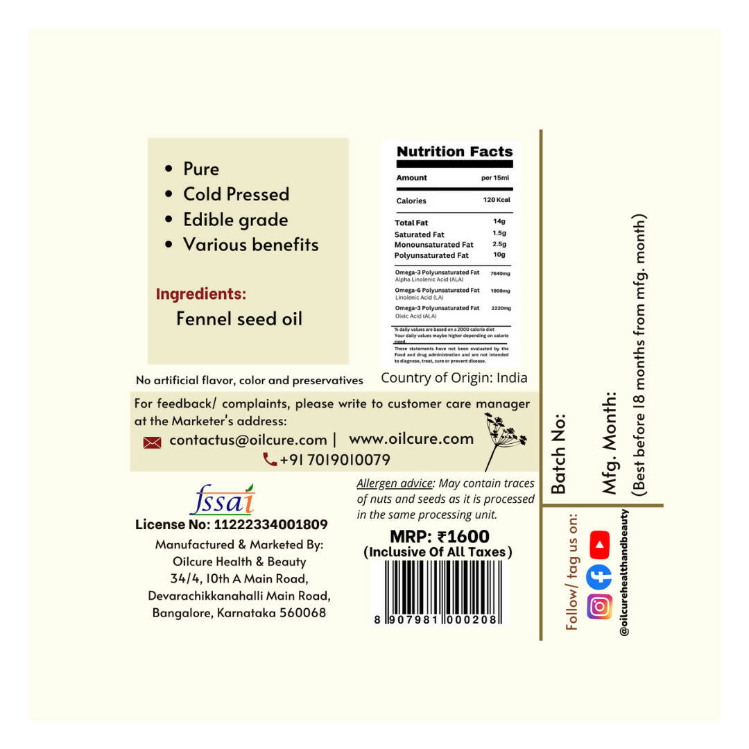 Oilcure Fennel Seed Oil (Saunf) Cold Pressed - Swadesiicart