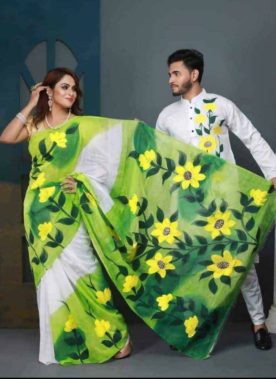 Exclusive Collection Elegant Hand Printing Designe On Pure Cotton Saree And Men's Kurta - Green | Swadesiicart