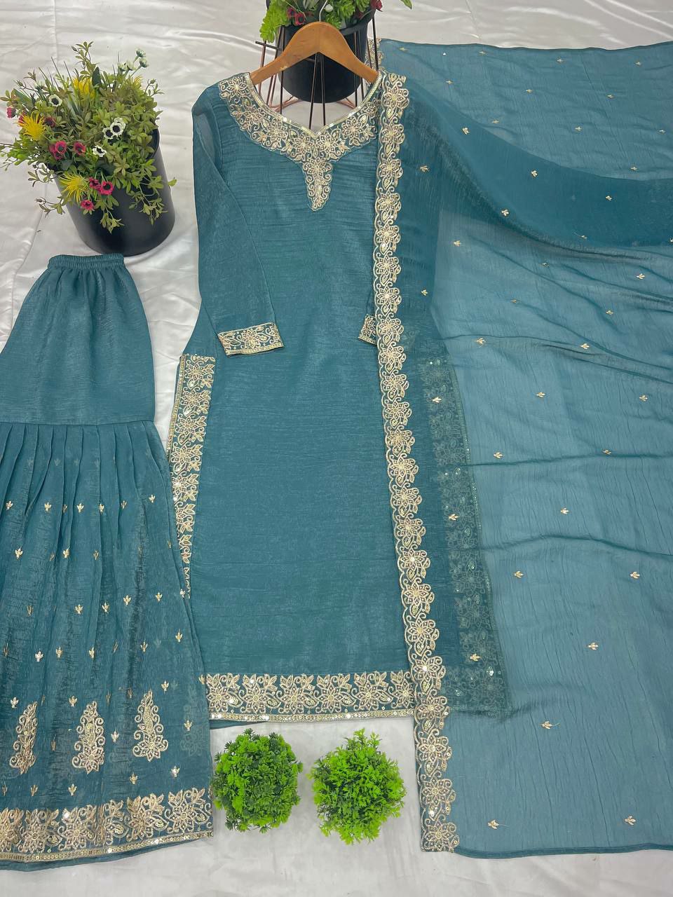 Prazu Fashion Sky Blue Heavy Crunchy Silk Embroidered Palazzo Suit - Swadesiicart