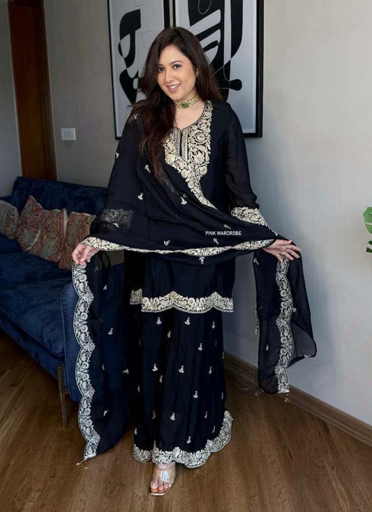Prazu Fashion Black Chinon Silk Embroidered Plazzo Suit - Swadesiicart