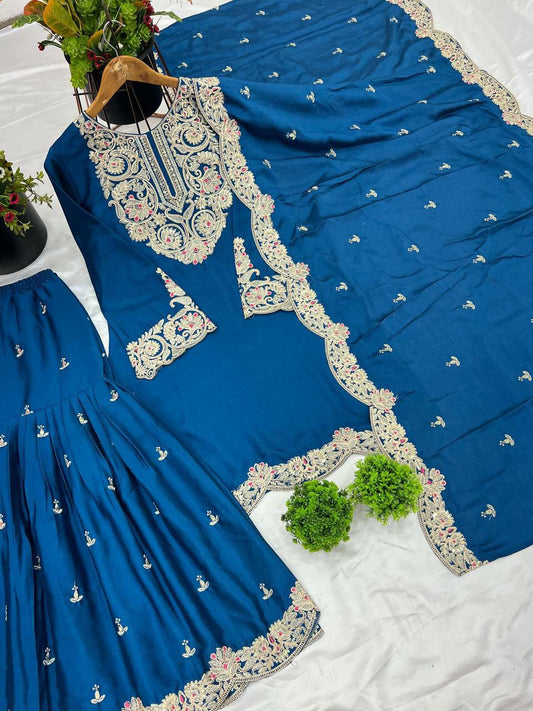 Prazu Fashion Royal Blue Chinon Silk Embroidered Plazzo Suit - Swadesiicart