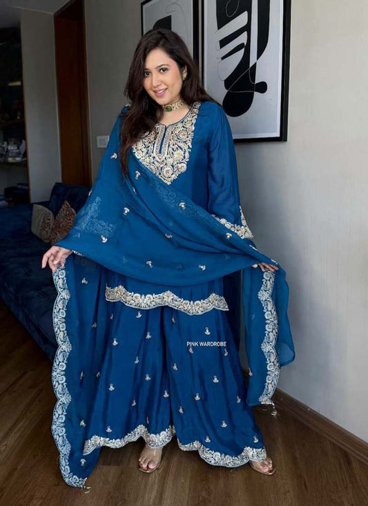 Prazu Fashion Royal Blue Chinon Silk Embroidered Plazzo Suit - Swadesiicart