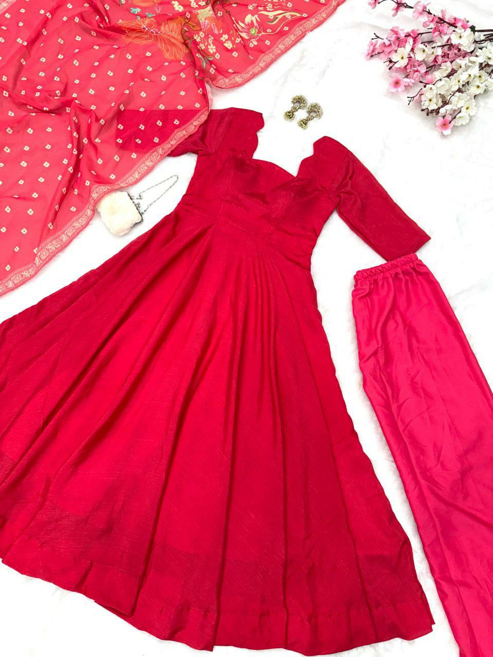 Prazu Fashion Designer Red Chinon Silk Anarkali Suit - Swadesiicart