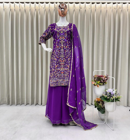 Prazu Fashion Purple Georgette Embroidered Plazzo Suit - Swadesiicart
