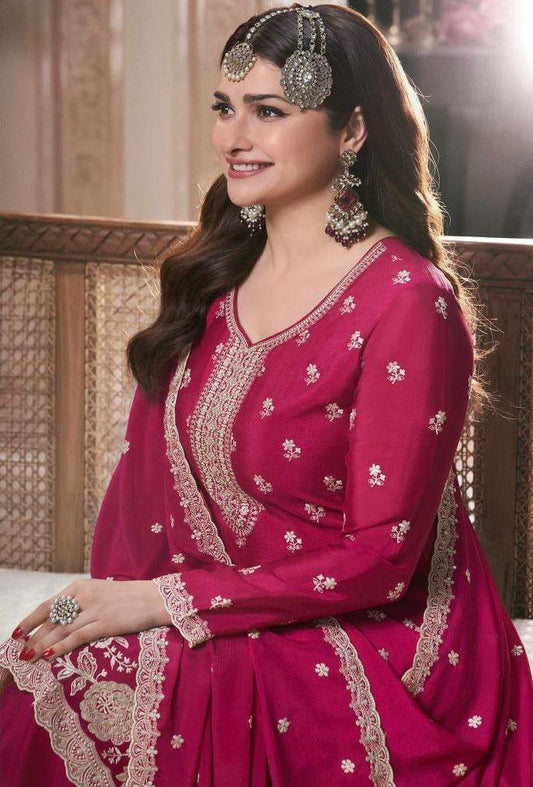 Prazu Fashion Pink Chinon Silk Embroidered Palazzo Suit - Swadesiicart
