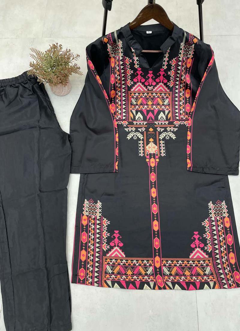 Prazu Fashion Black Crep Silk Printed Top With Pant - Swadesiicart